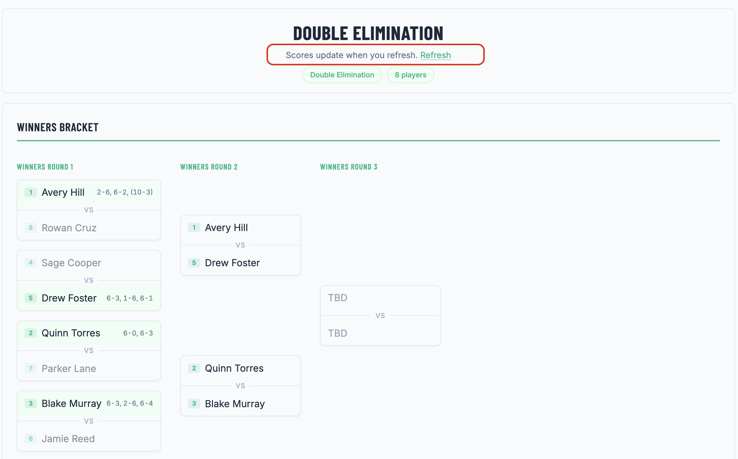 A shared tournament bracket on a phone, showing a 'Scores update when you refresh' note with a Refresh button below the draw.